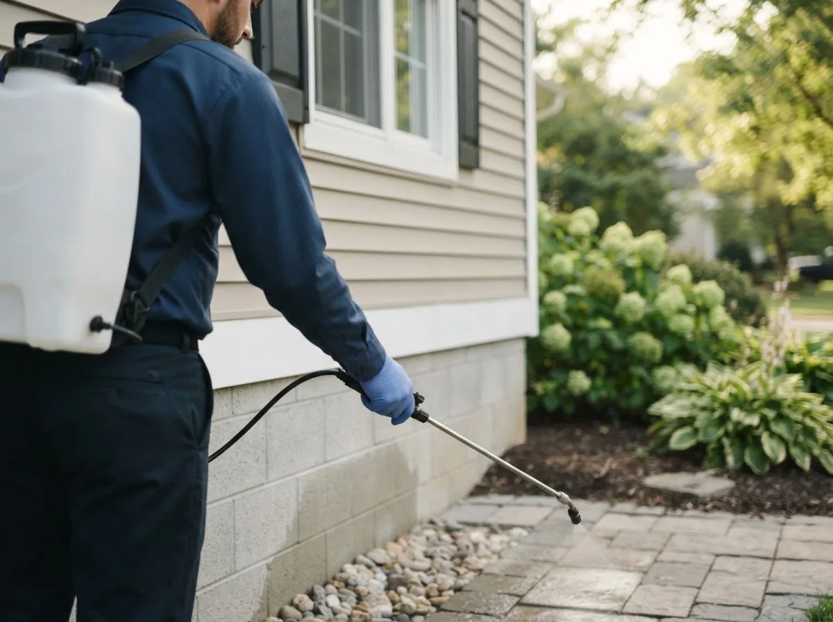 Pest control technician inspecting a home in Mill Shoals, IL
